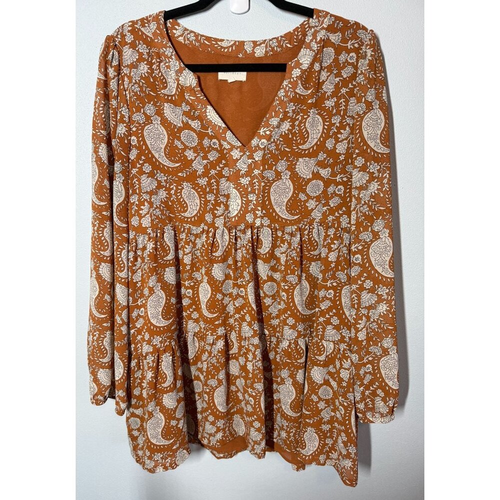 Mellowday Womens Rust Paisley Babydoll Tunic Top Long‎ Sleeve Boho Size Large